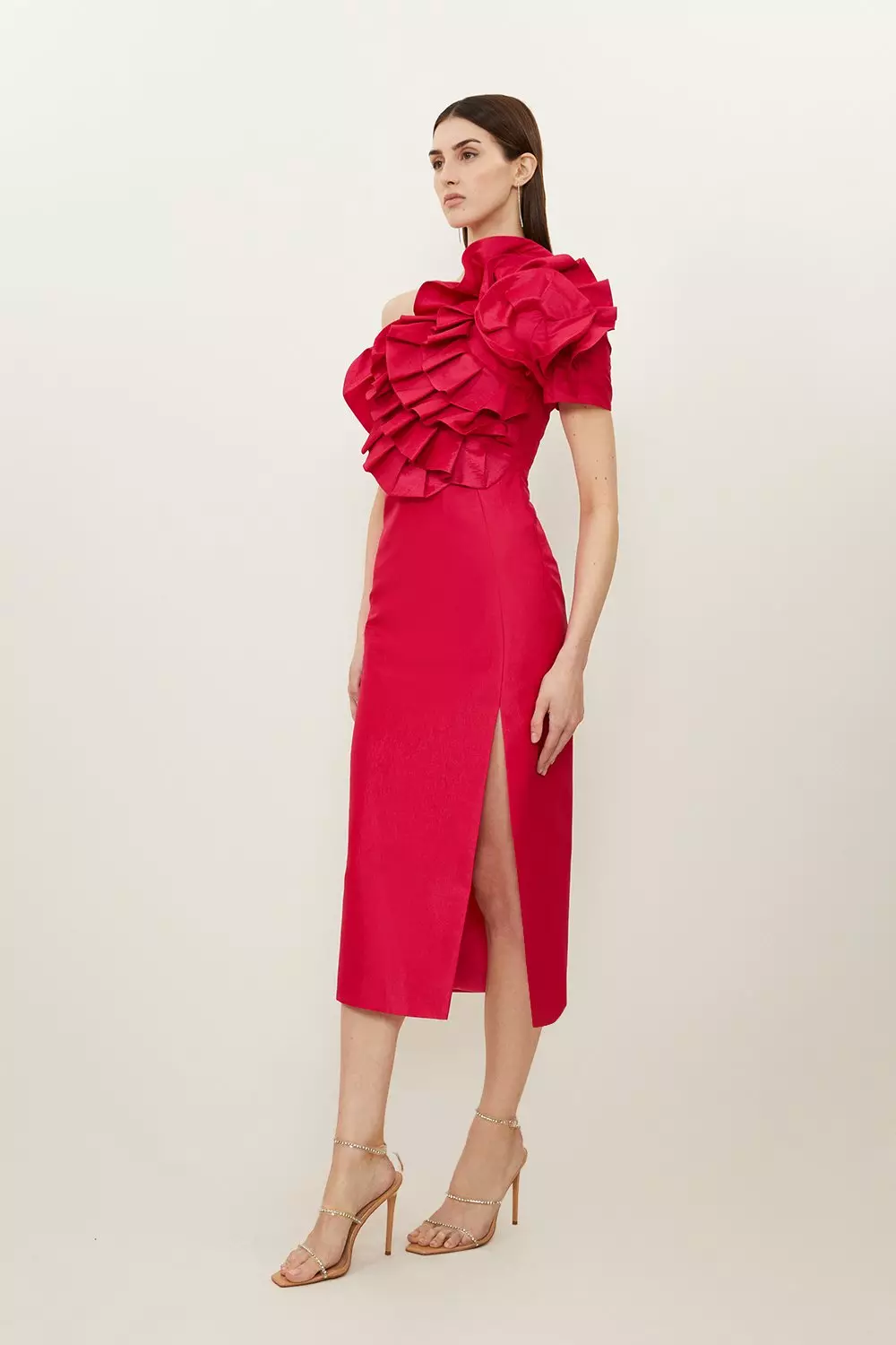 【Karen Millen】タフタ ロゼッテ ワンショルダードレス プチ Metallic Taffeta Rosette Midi Off The Shoulder Dress | Karen